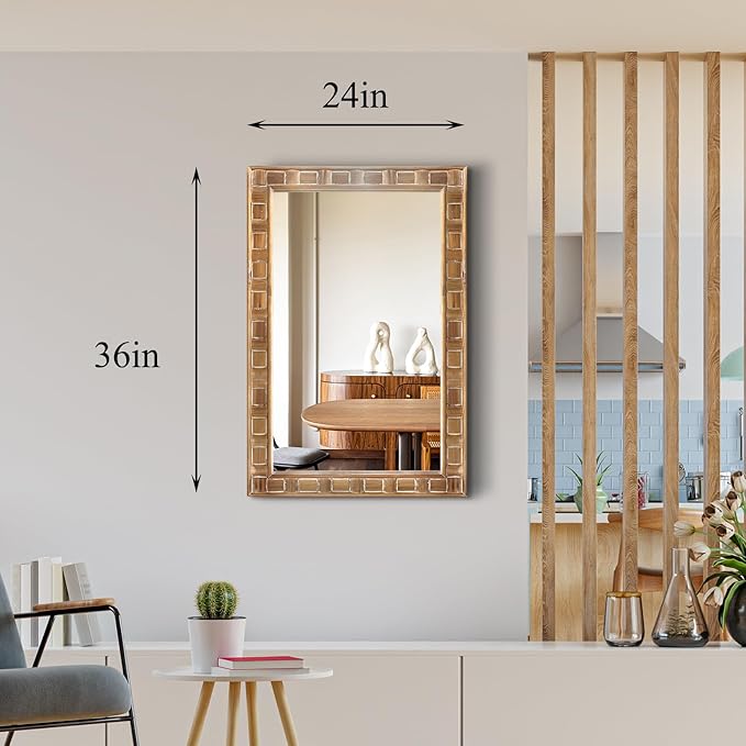 POZINO Rustic Wood Mirror, 24"X36" Farmhouse Bathroom Mirror for Over Sink, Natural Wooden Rectangle Wall Mirrors for Living Room Entryway Bedroom Hallway Fireplace, Horizontal Or Vertical