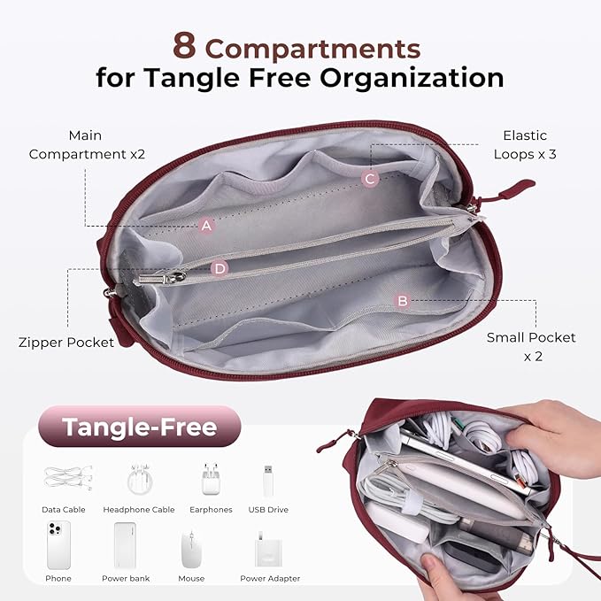 FYY Travel Cable Organizer - 8 Compartments Lightweight Water Resistant Tech Pouch with Wrist Strap, Electronic Accessories Case for Cord Charger Storage for Travel Home Office, Wine Red (Small)