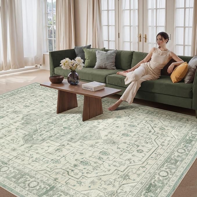 Rugxara 8x10 Washable Area Rug for Living Room, Extra Large Vintage Boho Rugs for Office, Kids Room, Farmhouse, Durable Low Pile Non Slip Carpet for High Traffic Areas, Sage Green