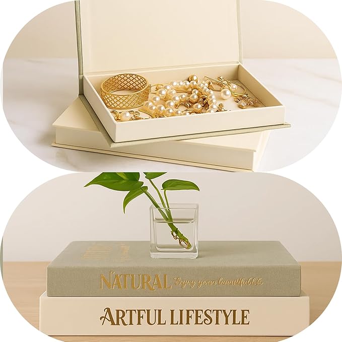 Aesthetic Decorative Books Set of 2 Linen Boxes Decorative Coffee Table Books Bookshelf Decor Fake Book Storage Box for Home Décor Accents Photo Storage Keepsake Box
