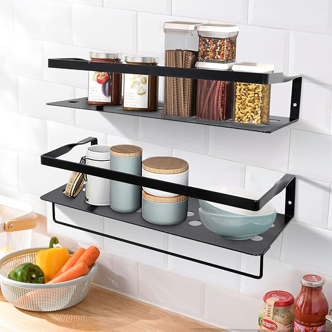 Uten Floating Shelves, Wall Mounted Iron Shelves Set of 2, Bathroom Storage Iron Shelves with Towel Rack, Wall Hanging Organizer Decor Shelf for Bathroom, Kitchen, Bedroom, Living Room