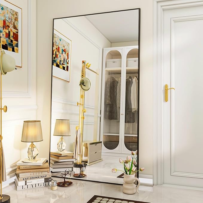 VooBang Large Full Length Mirror 78" x 35" - Shatterproof Huge Floor Full Body Mirror with Metal Frame, Freestanding, Wall Mounted, or Wall Leaning for Bedroom, Living Room, Dressing Room, Black