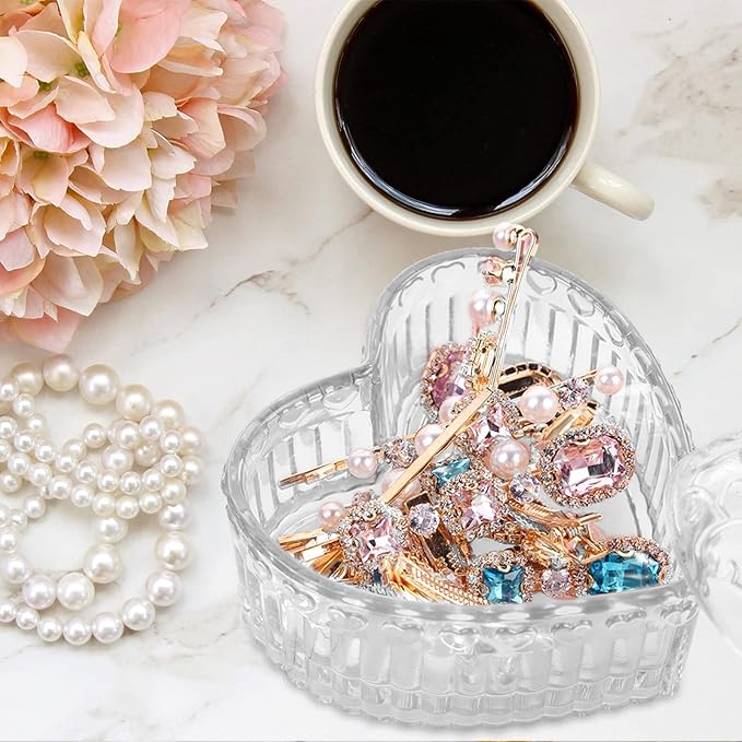 Glass Jewelry Box Heart Shape Cute Box for Storage Ring Earring Trinket Vintage Jewelry Organizer Decorative Gift for Women Girls-GRB003-Transparent