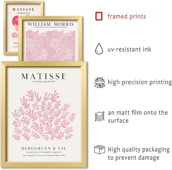 ANERZA 16 PCS Framed Pink Wall Art Decor, Matisse Wall Prints for Bedroom, Gallery Wall Frame Set, Minimalist Posters for Living Room Aesthetic, Collage Kit, Teen Girls Dorm Home Artwork