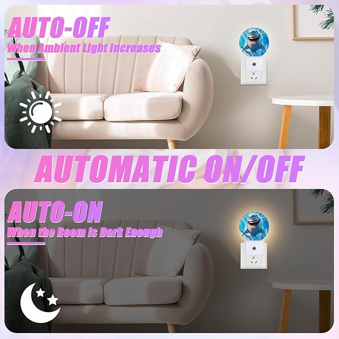Funny Shark Night Light Sea Animals Night Lights LED Lamp Round Plug into Wall Nightlight with Dusk to Dawn Sensor Home Hallway Stairway Kitchen Decor