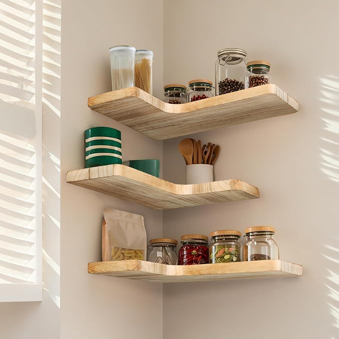 Floating Corner Shelves, Wall Shelf Set of 3, Shelves for Wall Storage, Solid Wood Shelves for Storage, Wall Mount Wooden Display Shelf for Bathroom Bedroom Kitchen Garage (Light 3Pcs)