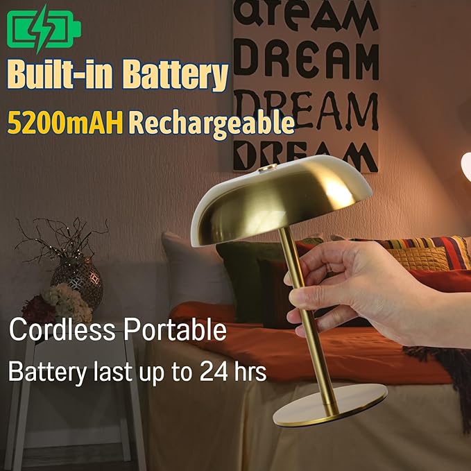 2 Pack Cordless Mushroom Table Lamp with 5200mAh Rechargeable Battery, Portable LED Night Light with Stepless Dimming, 3 Color Modes for Bedroom, Patio, Bar Decor and Coffee Shop Ambiance (Gold)