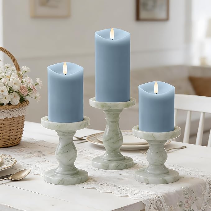 Blue Flameless Candles with Remote and Timer, Real Wax Made LED Pillar Candles Battery Operated with 3D Flickering Flame Melted Edge, 3" x 4",5",6", Set of 3 (Pastel Blue)