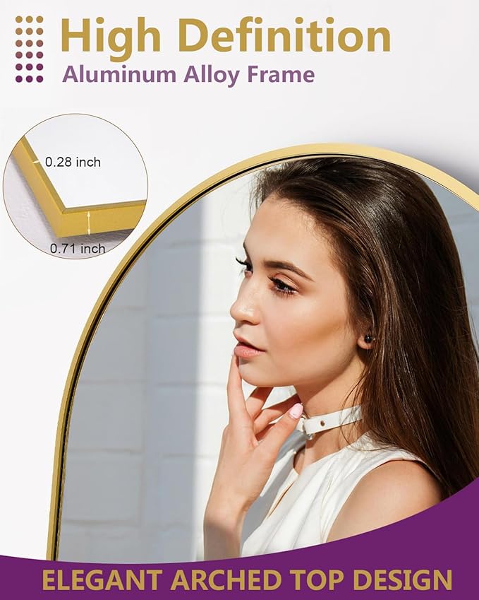 DMWOODFL 71"x26" Arched Full-Length Mirror with Explosion-Proof HD Glass - Oversized Floor or Wall-Mounted Full Body Mirror for Bedroom, Living Room, and Cloakroom (Gold)