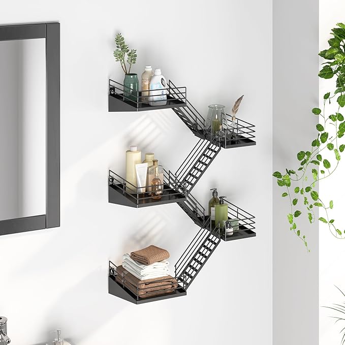 Fire Escape Shelf - 5 Tier Large Metal Black Fire Escape Wall Shelves with Baskets, New York Action Figurine Display Shelf, Unique Rustic Floating Decorative Wall Shelves for Home