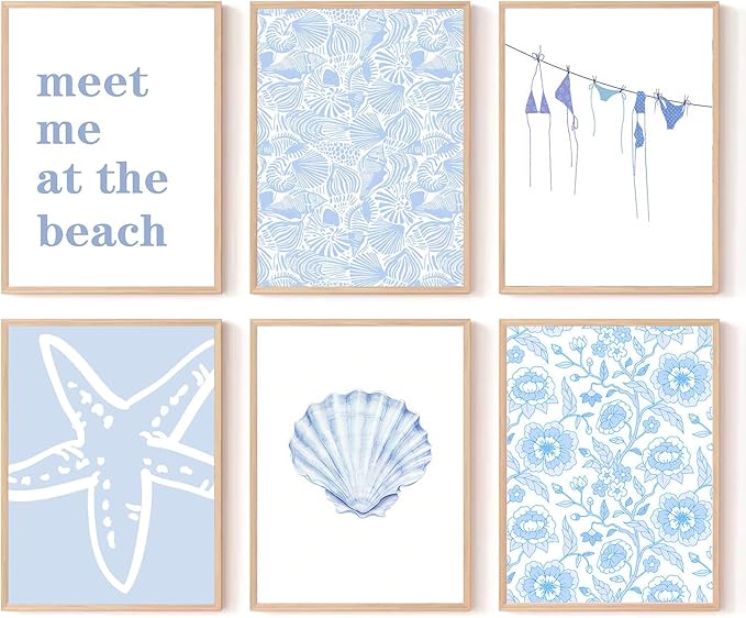 Zuowclli 6Pcs Coastal Granddaughter Wall Art Prints Blue Beachy Shell Bikini Wall Decor Pictures Summer Meet Me At The Beach Preppy Aesthetic Posters for Girly Bedroom Dorm Apartment Unframed 8x10in