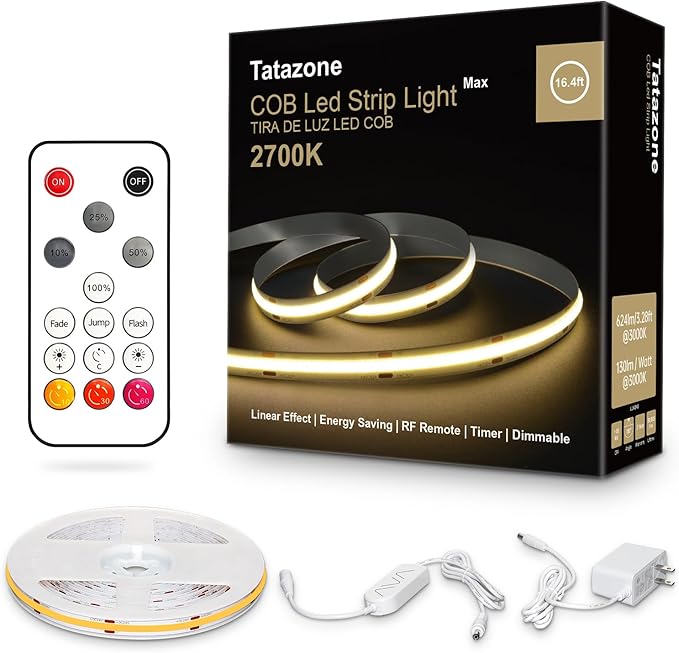 Tatazone White COB Led Strip Lights Max with RF Remote, 16.4ft 2700K Dimmable Ultra Bright Warm White COB Light Strip, Adhesive Indoor COB Led Lights for Living Room, Shelf, Cabinet