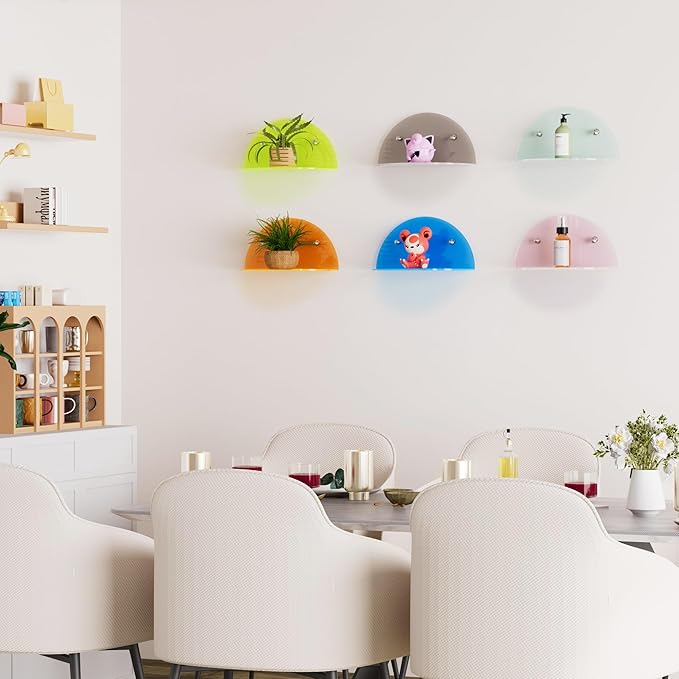 6 Pack Small Wall Shelf, Colorful Acrylic Shelves for Wall Mounting, No Drilling Floating Shelf for Home Décor and Office, Display Ledges Popmart Funko Figures
