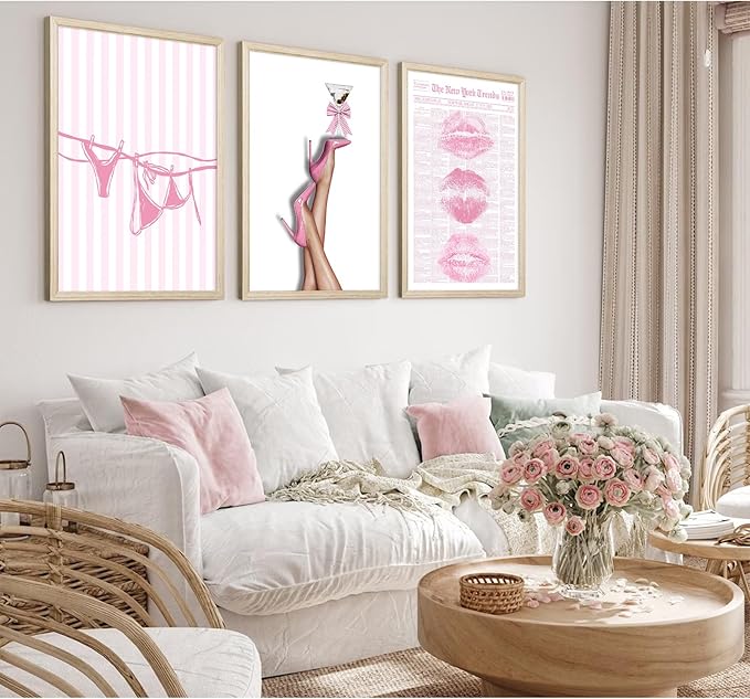 Pink Coquette Wall Art Decor Trendy Aesthetic Posters Preppy Funky Y2k Canvas Wall Art Decor Bow Girly Room Pictures Coquette Bikini Lips Prints Pink Artwork for Dorm Bedroom 12x16x3 Inch Wood Framed