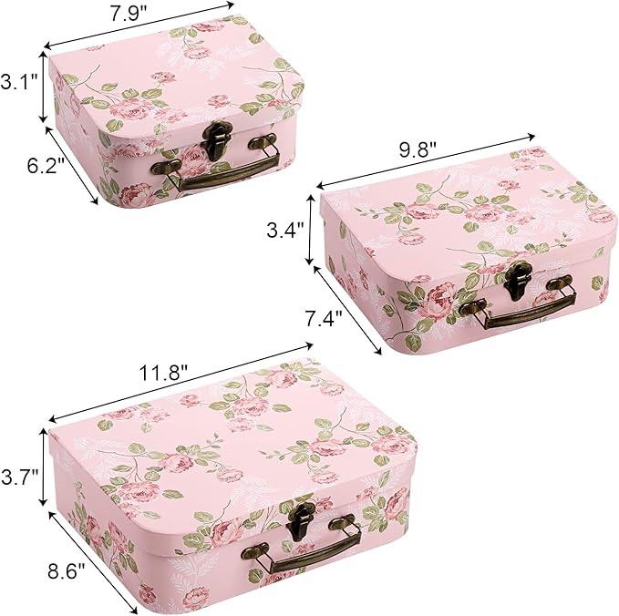 Fasmov 3 Pack Paperboard Suitcases Storage Box Decorative Storage Boxes Gift Boxes With Lids for Photo Storage Home Decoration, Wedding, Birthday, Anniversary, Pink
