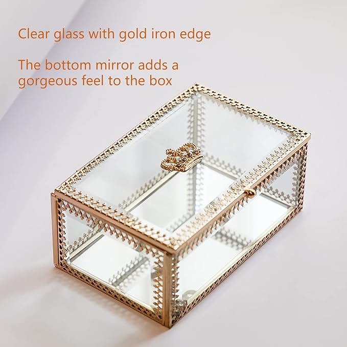 NAJMECHOY Glass Jewelry Box, Mirror Bottom with Crown Lid, Box for Makeup, Lipstick Ring Earrings, Storage Box, Gold Glass Box Ring, Bracelet Display Transparent Box (Rectangle)