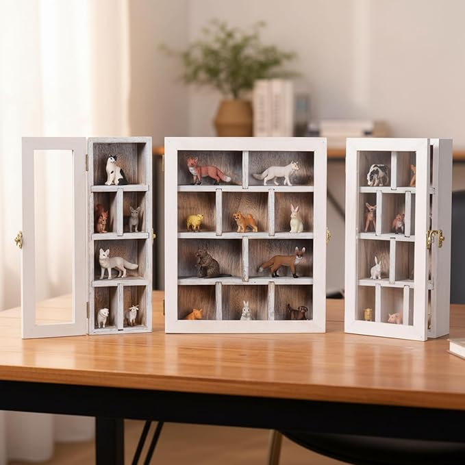 DoubleFill Set of 3 Wooden Trinket Display Shelf Shadow Box with Shelves 10 x 15 Inch Large Wall Mounted Display Storage Mini Figures Curio Trinket Medals Crafts Collections(Antique White,Box Shape)