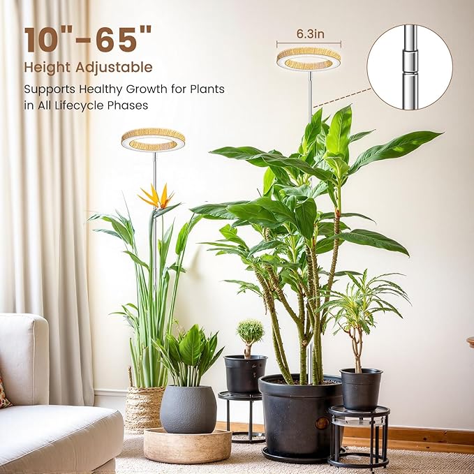 Aokrean Grow Lights for Indoor Plants, Full Spectrum Plant Lights for Indoor Growing with 6/12/16H Timer, 3 Optional Spectrums, 5 Brightness, Height Adjustable 10"-65" Wood Grain Growing Lamp