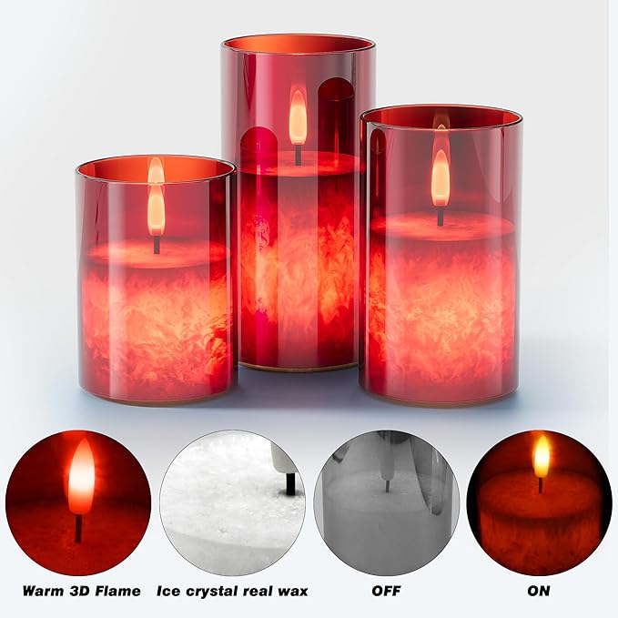 VIODAIM Ice Crystal Real Wax Glass Flameless Candles with Remote & Timer, Battery Operated Candles with Warm Flickering Flame, Realistic LED Candle for Wedding Home Decor [D3×H4/5"/6"] Red, 3Pack