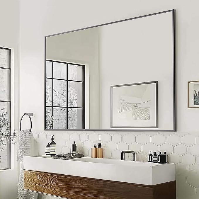 Antok Bathroom Mirror, 55"x36" Wall Mirror, Decorative Mirrors Vanity Mirror Aluminum Alloy Frame Contemporary Rectangular Hanging Mirror for Living Room Bathroom Entryway,Black,Rect Corner