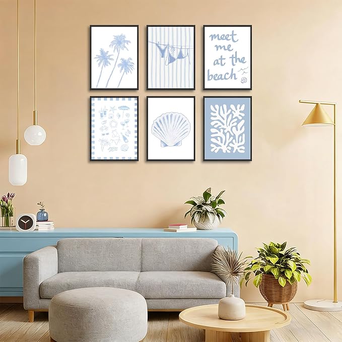 Zuowclli 6Pcs Coastal Granddaughter Wall Art Prints Blue Beachy Shell Bikini Palm Tree Wall Decor Pictures Summer Meet Me At The Beach Preppy Aesthetic Posters for Girly Bedroom Dorm Apartment 8x10in
