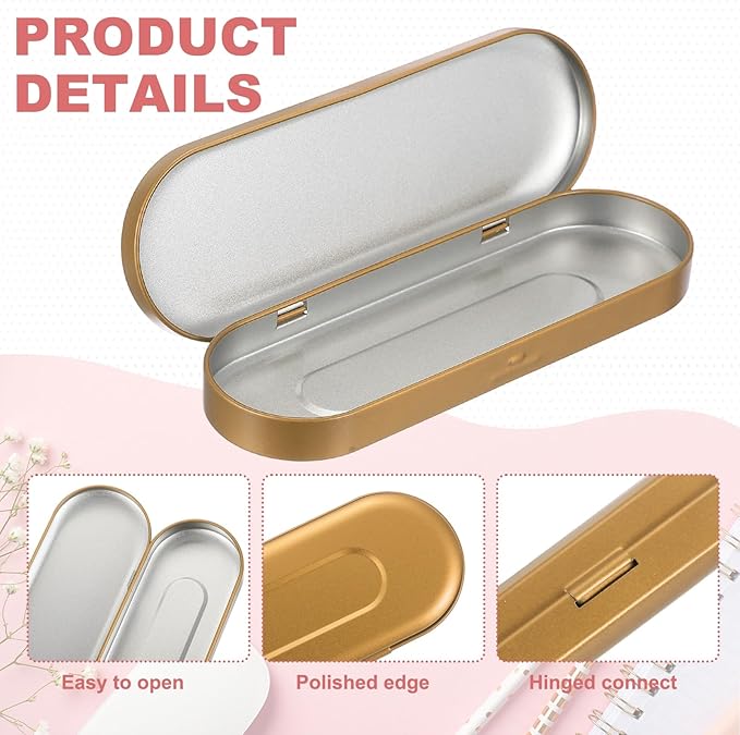 uxcell 3pcs Metal Hinged Tins Box, 6.9x2.4x0.7 Inch Rectangular Empty Tin Box Portable Pencil Containers for Pen Makeup Brushes Home Organizers, Champagne Gold