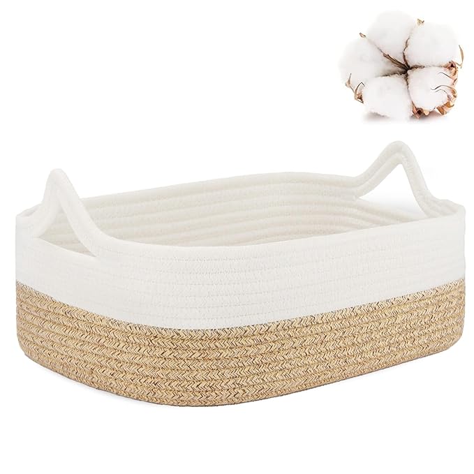 ABenkle Small Storage Basket with Handles, Cotton Rope Woven Dog Cat Toy Bin, Decorative Shelves Closet Organizing for Nursery Laundry Bedroom Bathroom, 14.2''x 11''x 5.1''