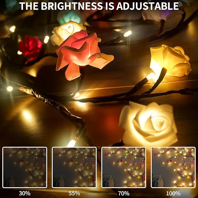 FNHMSL Macaroon Rose Blossom Enchanted Willow Vine Lights, 7.55FT 144LED 6 Color Blossom Tree Branch Lights for Wall, Remote Timer,8 Light Model,Bedroom Wall Doors Wedding, Christmas, USB Battery Box