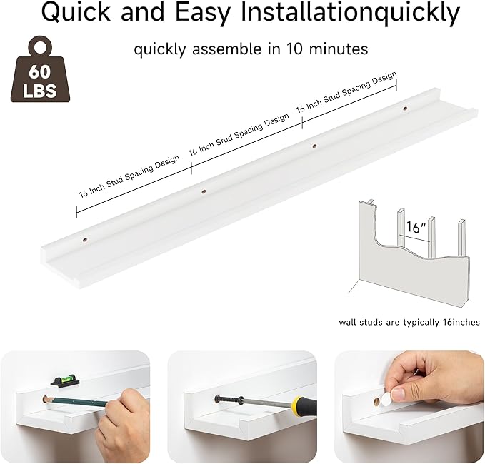 Fun Memories Picture Ledge Shelf, 60 Inch Floating Shelves Set of 2, Large Nursery Book Shelves for Toys Storage, Kids Bookshelf Wall Mounted for Wall Decor Books Photo Frames, White