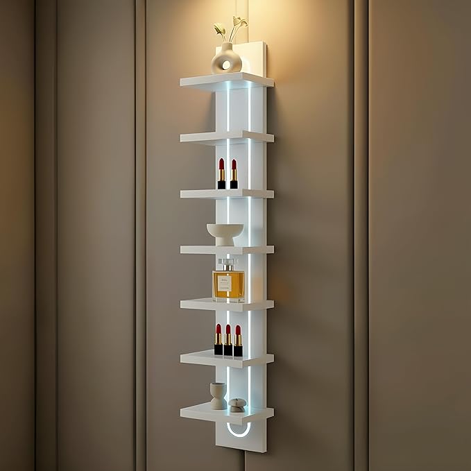 Exclusive U-Shaped 7-Tier Compact Narrow Wall Shelf Unit with RGB Lighting, Modern Vertical Shelf for Vanity, Ideal for Anime Figures, Perfumes, Cosmetics, Collectibles,White