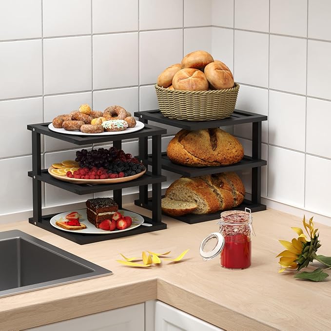 4 Pack Bamboo Corner Shelf,3 Tier Kitchen Cabinet Organizer for Plates and Dishes,Pantry Storage and Spice Rack（Black）