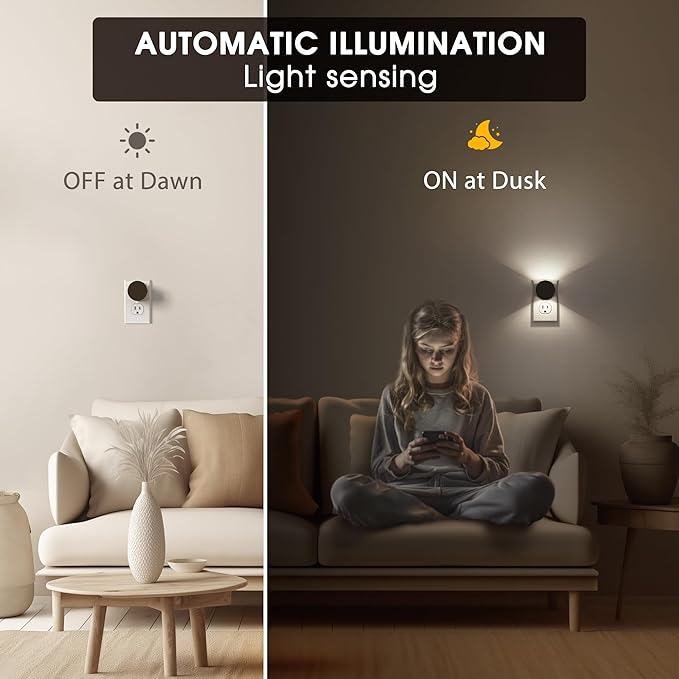 Briignite Night Lights Plug into Wall [2 Pack], Dusk to Dawn Sensor Nightlight, Brightness Adjustable, 5000K Daylight White, Dimmable Plug in Night Light for Bedroom, Hallway, Stairs, Kitchen