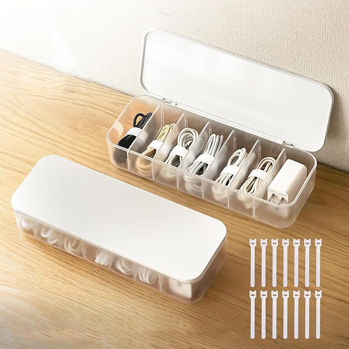 PAVSTINE 2 Pcs Cable Organizer Storage Box with 14 Wire Ties,Desktop Cable Management Box with Lid,Power Cord Organizer for Office,Home,Desk Accessories Storage Stationery Supplies White