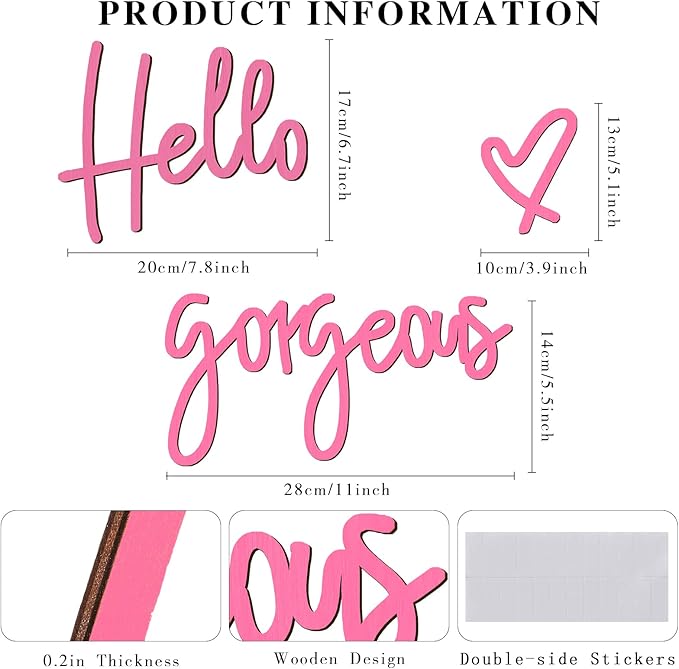 Blulu Hello Gorgeous Wall Decor Sign Hello Gorgeous Wall Art Minimalist Wooden Words Decor for Lash Room, Salon, Vanity or Makeup Room, Bathroom, Bedroom, Office(Pink)