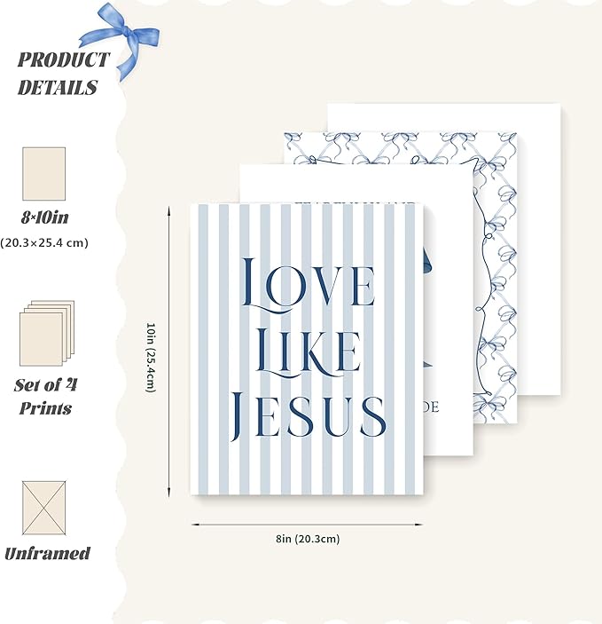 LARTSFRO Coquette Navy Blue Bow Jesus Wall Art Decor Posters, Blue Bow Christian Room Bedroom Bathroom Wall Art Decor Aesthetic for Teen Girls College Gifts, Inspirational Bible Verses Bow Wall Decor, 10x8 Inch Set of 4 Bow Pictures(UNFRAMED)