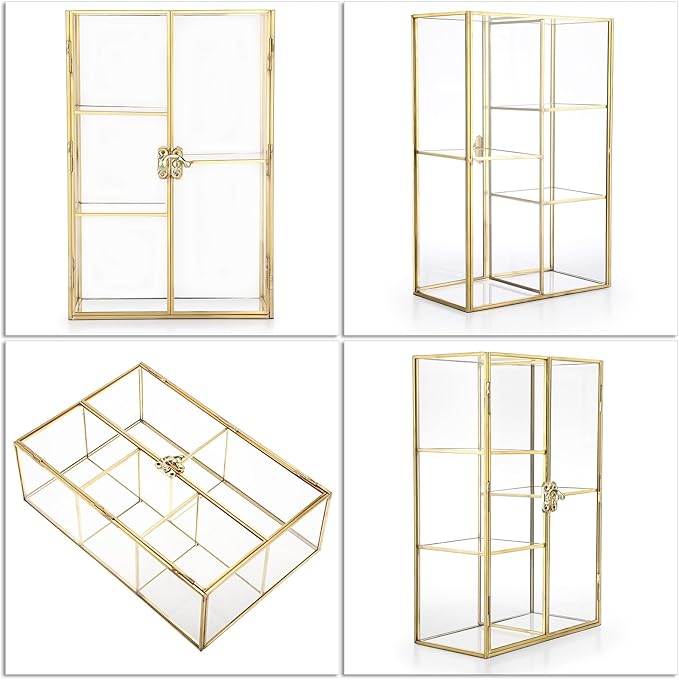 ELLDOO 5 Slots Clear Glass Storage Box, Gold Jewelry Makeup Display Organizer Case, Decorative Tower Box Storage for Trinket Perfume Lipstick Figure Statue Toy Display