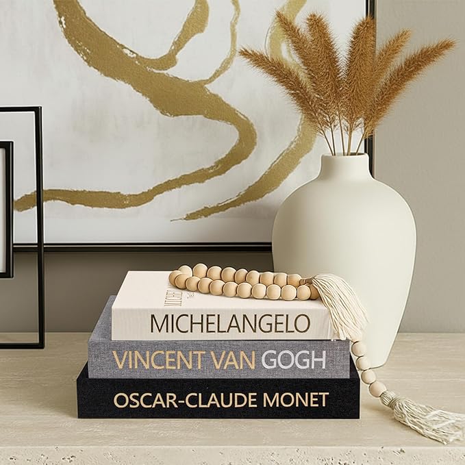Aesthetic Decorative Books for Home Decor w. Wood Bead - Set of 3 Linen Fake Books for Decoration, Coffee Table Book Box Decor for Mantle/Bookshelf/Farmhouse/Entryway/Nightstand