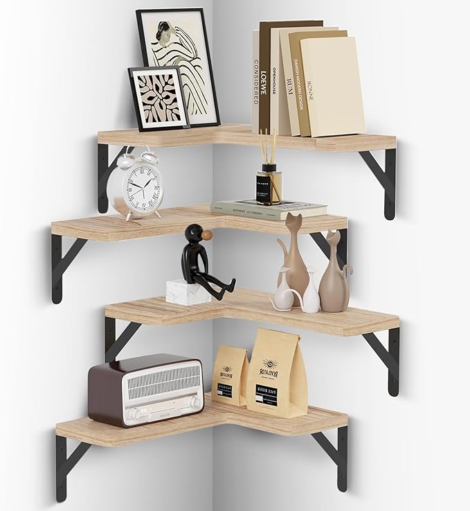 Muzilife Corner Floating Shelves Wooden Floating Shelves Set of 4, Wall Mounted for Storage, L-Shaped Wall Decor Organizer for Bedroom, Bathroom, Kitchen, Living Room and Office, Natural Wood