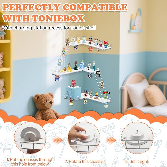 90° Ladder for Tonies Box Storage Wall Corner, Magnetic Floating Shelves Organizer for Tonie 1/2 Player Tonies Figures Characters, Display Collection 30~40 Characters (Iron)