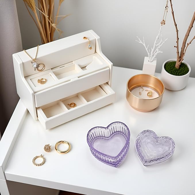 Glass Jewelry Box Heart Shape Cute Box for Storage Ring Earring Trinket Vintage Jewelry Organizer Decorative Gift for Women Girls-GRB003-Purple