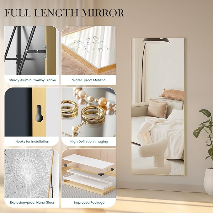 NEWBULIG Full Length Mirror, Full Body Floor Mirror with Aluminum Alloy Thin Frame, Wall or Standing Mirror for Bedroom, Living Room, Dressing Room