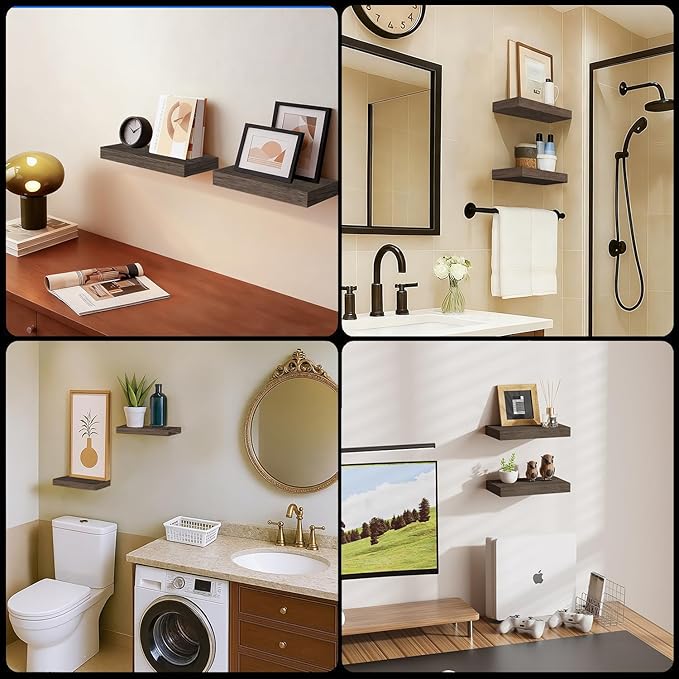 Floating Shelves for Wall, Bathroom Shelves Over Toilet, Wall Shelves & Book Shelf, Hanging Shelf, Modern Wooden Wall-Mounted Samll Floating Shelves, 12x7x1.5 in (Smoke-Gray, Set of 2)
