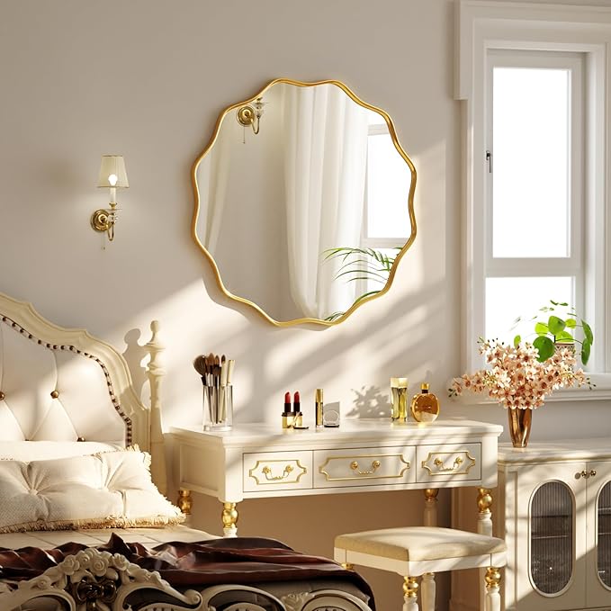 20 Inch Scalloped Round Wall Mirror, Gold Wavy Edge Frame Circle Mirror for Bathroom, Bedroom, Entryway, Living Room for Wall Decor