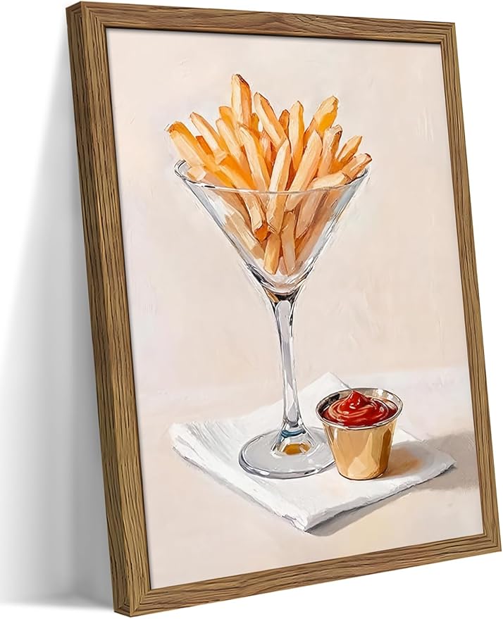 Modern Kitchen Wall Art, Funny Fries in Glass Canvas Wall Decor Painting, Vintage Minimalist Fries Ketchup Food Artwork Prints Pictures for Dining Room Kitchen Decor 16x24 Inch Wood Framed