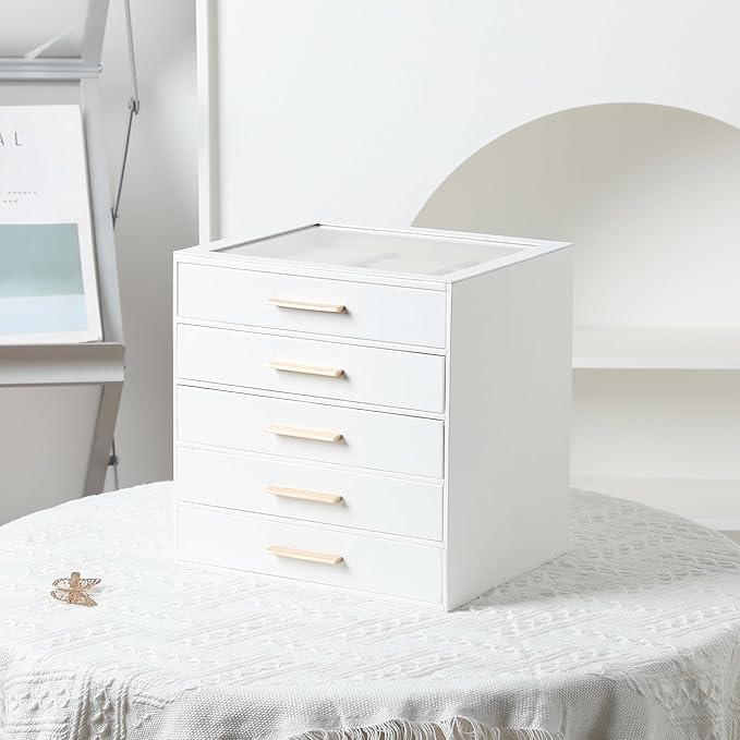 Frebeauty Clear Lid Jewelry Box,5-Layer Jewelry Organizer with Drawer,PU Leather Jewelry Organizers and Storage,Jewelry Boxes for Women,Jewelry Storage for Rings Earring Stud,Gift for Women(White)