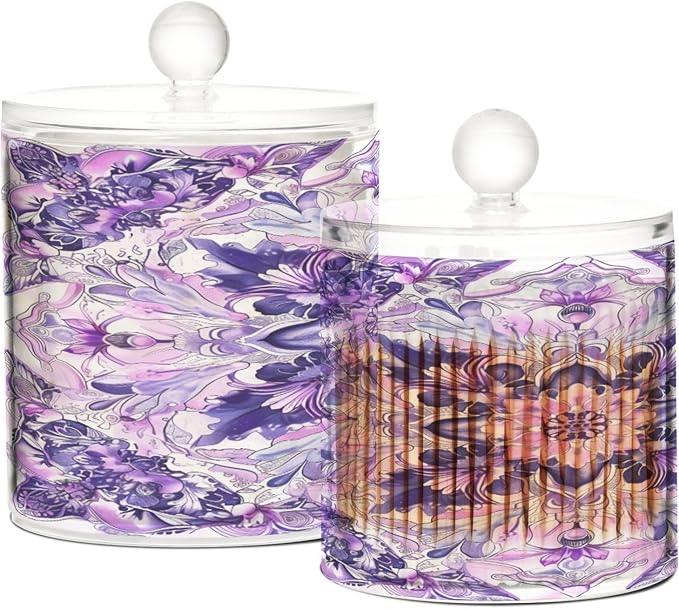 Boho Psychedelic Purple Floral Clear Plastic Makeup Organizer Storage with lid Office Essentials Decorative Dental floss storage jar for Cotton Swabs,Cotton Pads,Floss Picks,Paper Clips,Hair