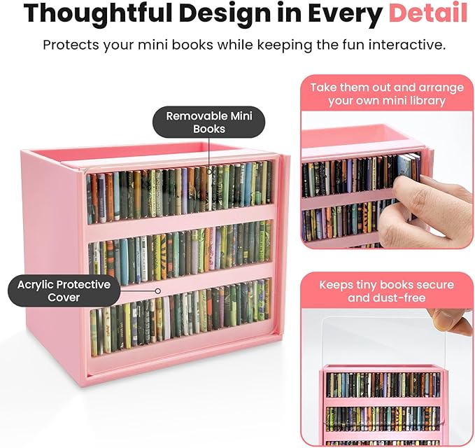 Pink Anxiety Bookshelf with 100 Mini Books, Cute Miniature Library Stress Relief Toy, Shaking Book Shelf Ornament, Bookmark Holder & Pencil Organizer, Aesthetic Room Decor, Gift for Bookish Her