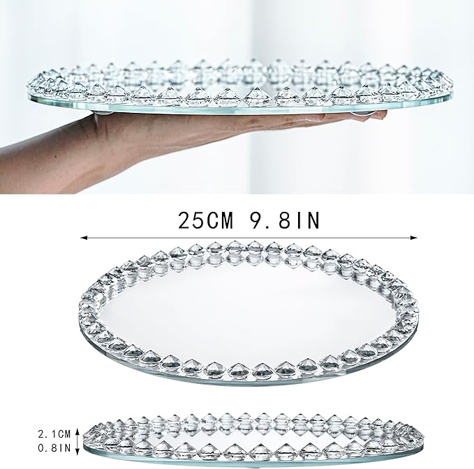 kanpura Crystal Perfume Tray Mirror Glass Makeup Vanity Organizer Jewelry Trinket Display Mirrored Decorative Tray for Bathroom Bedroom, Home Decor, Hotel Banquet, Party(Round 10 inch) (Silver)