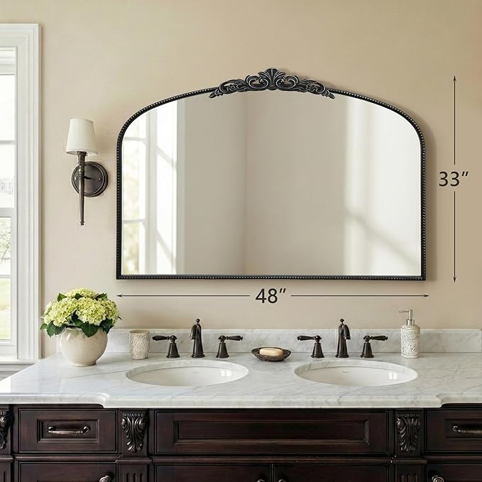 Micasso Large Vintage Black Mirror: 48"x 33" French Baroque Antique Mirror - Traditional Ornate Decorative Wall Mounted Arched Mirrors for Wall/Fireplace/Entryway/Hallway - Home Decor for Living Room