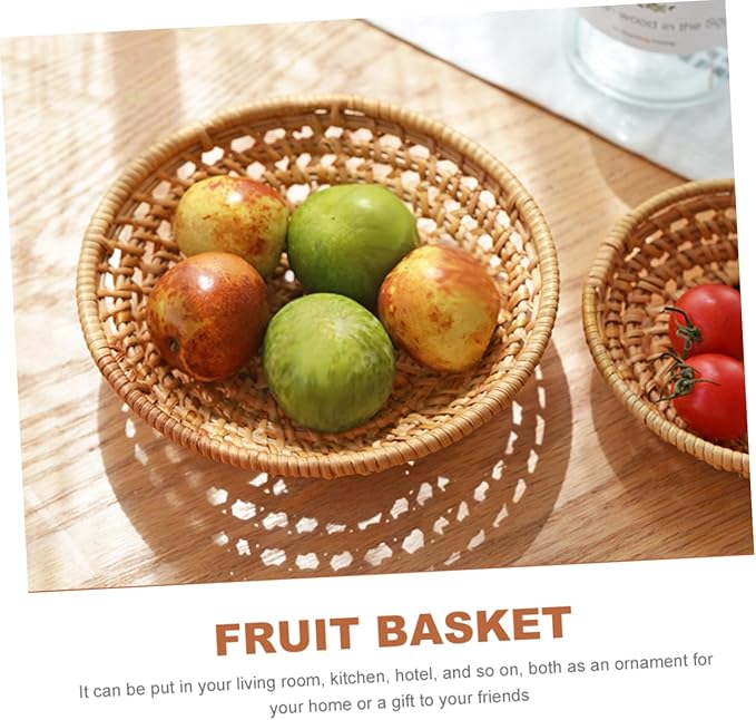 IMIKEYA 3pcs Multi-function Woven Fruit Basket Decorative Storage Tray for Kitchen Counter Entryway Dining Table Natural Rattan Design for Snacks Bread and Household Items